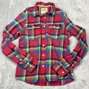Hollister Flannel Shirt Mens XL Long Sleeve Button Up Plaid Multi Color Red